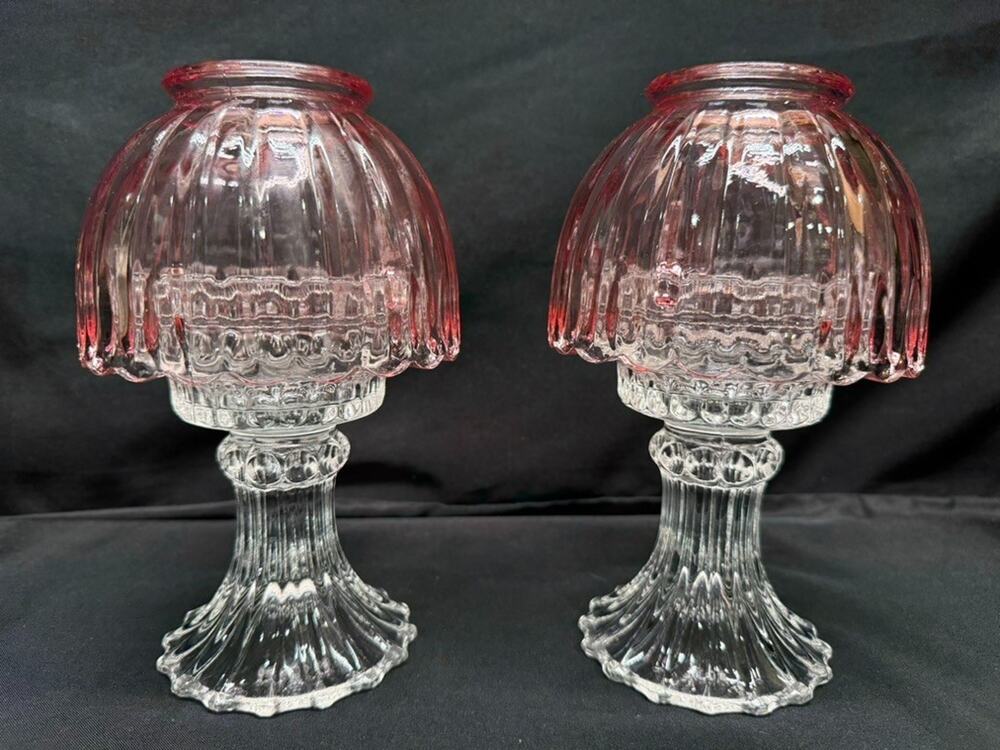 Pair of L.E. Smith Vintage Pink Fairy Lamps Clear Glass Pedestal Candle Holders